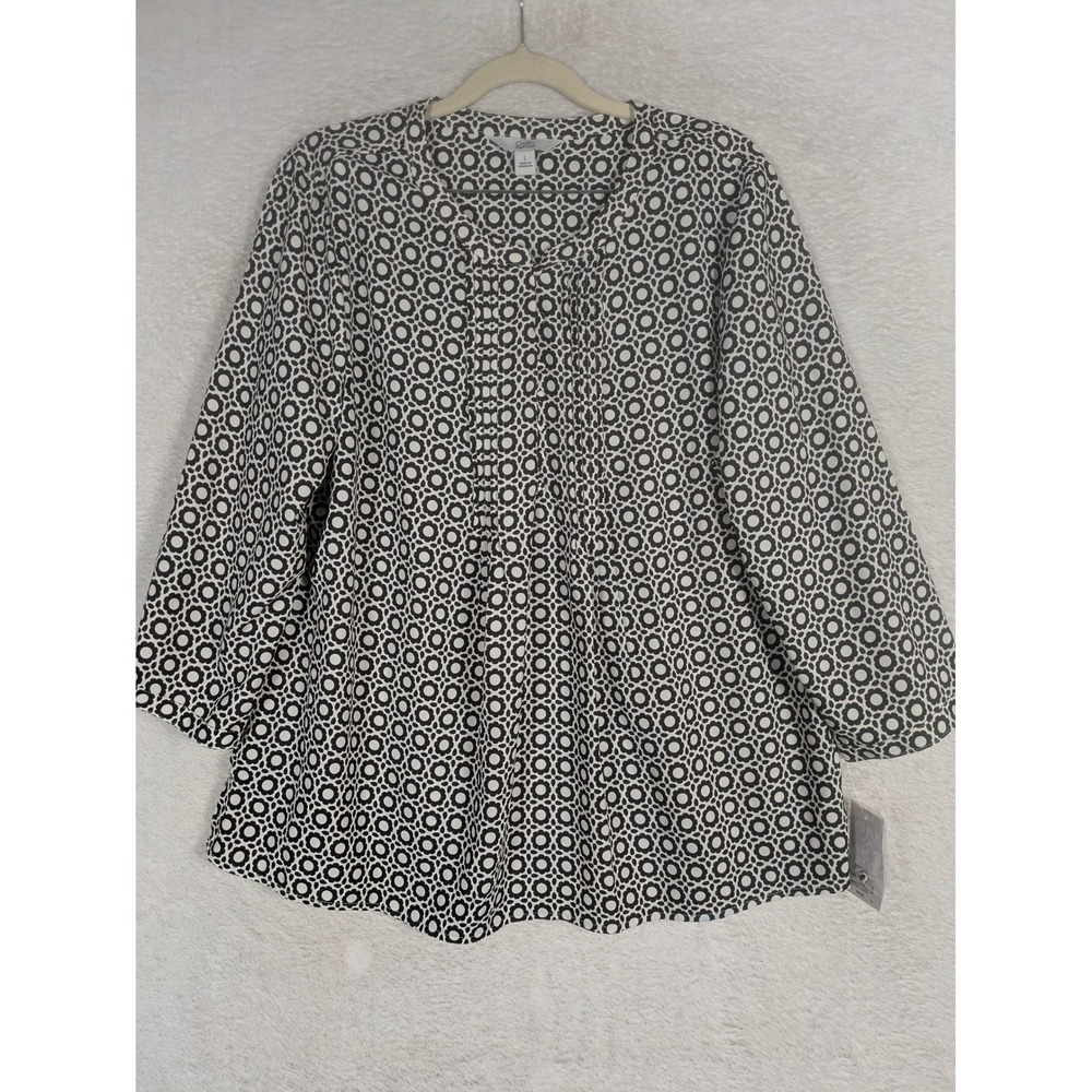 NEW Croft & Barrow Blouse Women's Large Navy Blue Geometric Floral Pleated Front
